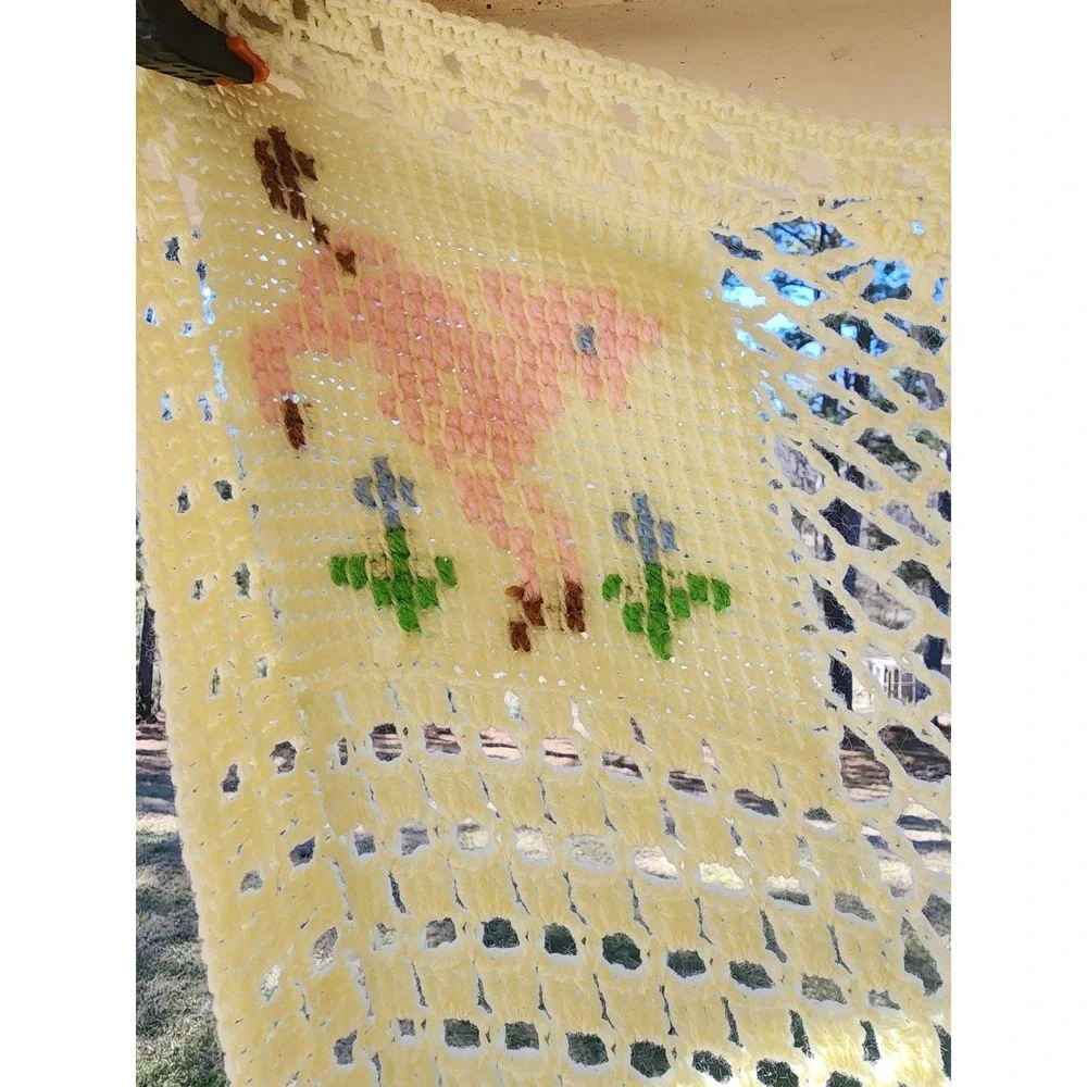 Vintage Handmade Crochet Baby Blanket Yellow Animal Cross Stitch Afghan Nursery